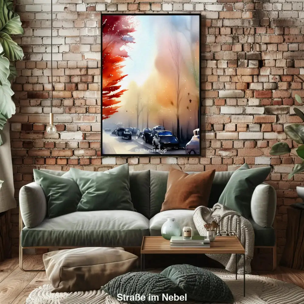 Verträumte Straße im Nebel mit Autos und roten Herbstbäumen – Aquarellstil mit weichem Licht und zarter Atmosphäre