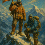 AI Kunstwerk mit zwei Bergsteigern auf schneebedecktem Gipfel – Flagge, Sonne, majestätische Berge