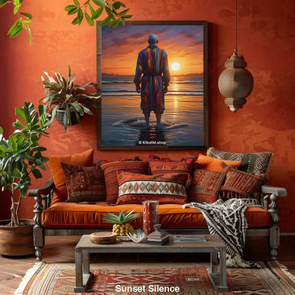 Mockup: Rückansicht einer Figur im bunten Gewand bei Sonnenuntergang am Meer, ruhige Szene, digitale Kunstpräsentation