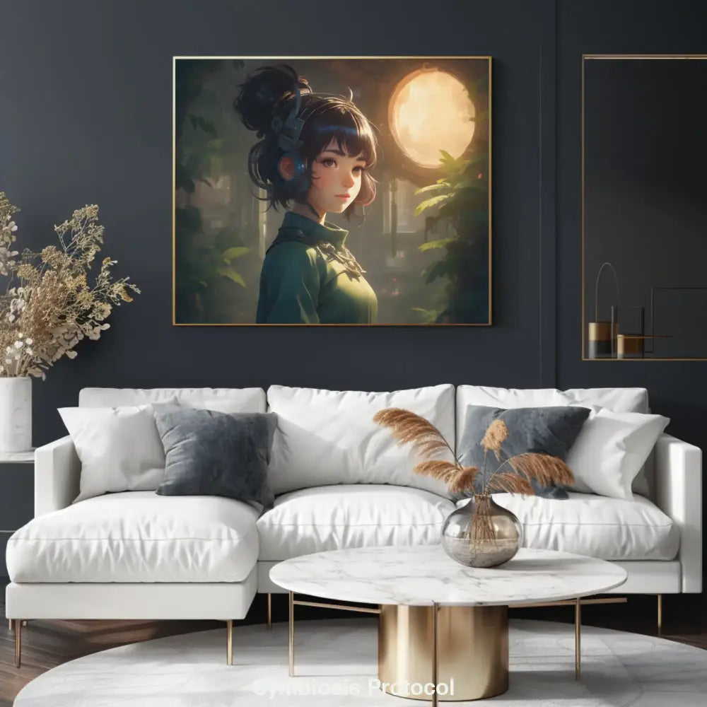 Anime-Mockup „Symbiosis Protocol“ mit Mädchen in Sci-Fi-Umgebung, Kopfhörern und Pflanzen vor warmem Licht.