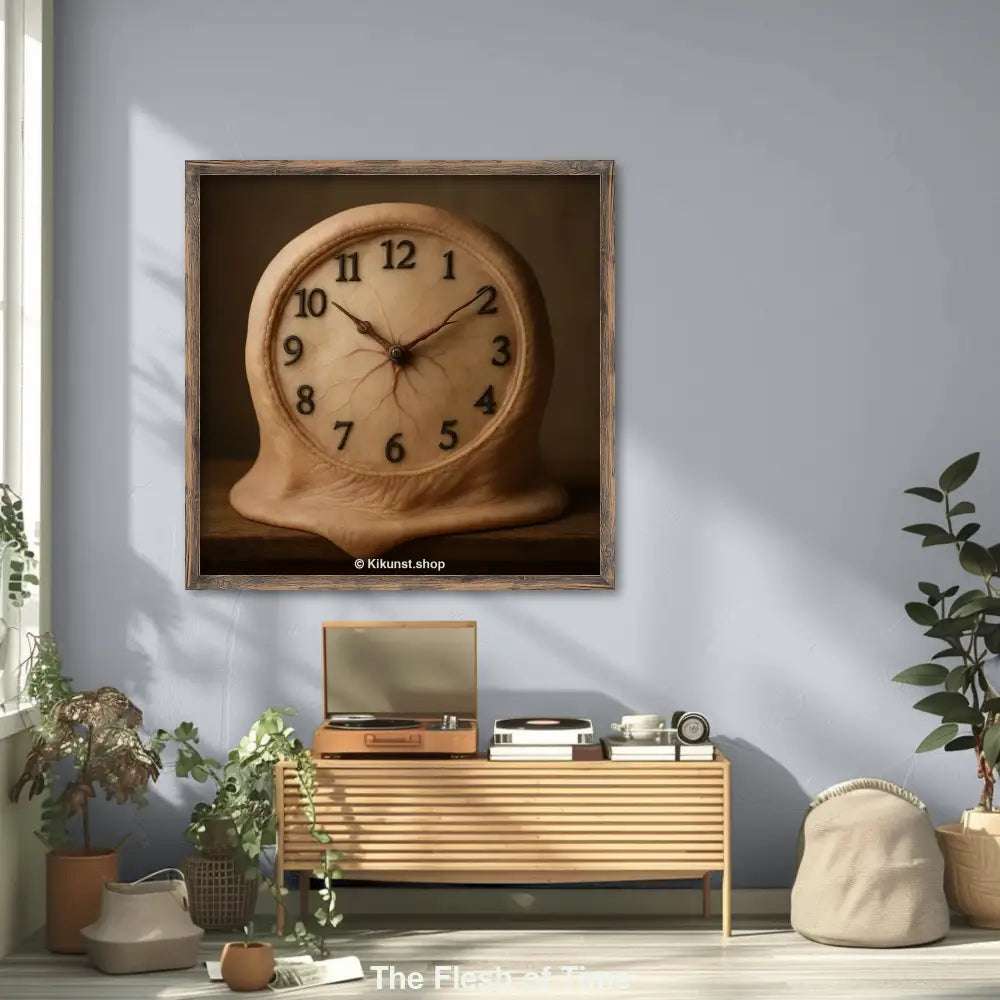 Mockup-Uhr aus hautartiger Struktur mit realistischen Adern – surreal, bizarr und organisch auf Holzplatte inszeniert