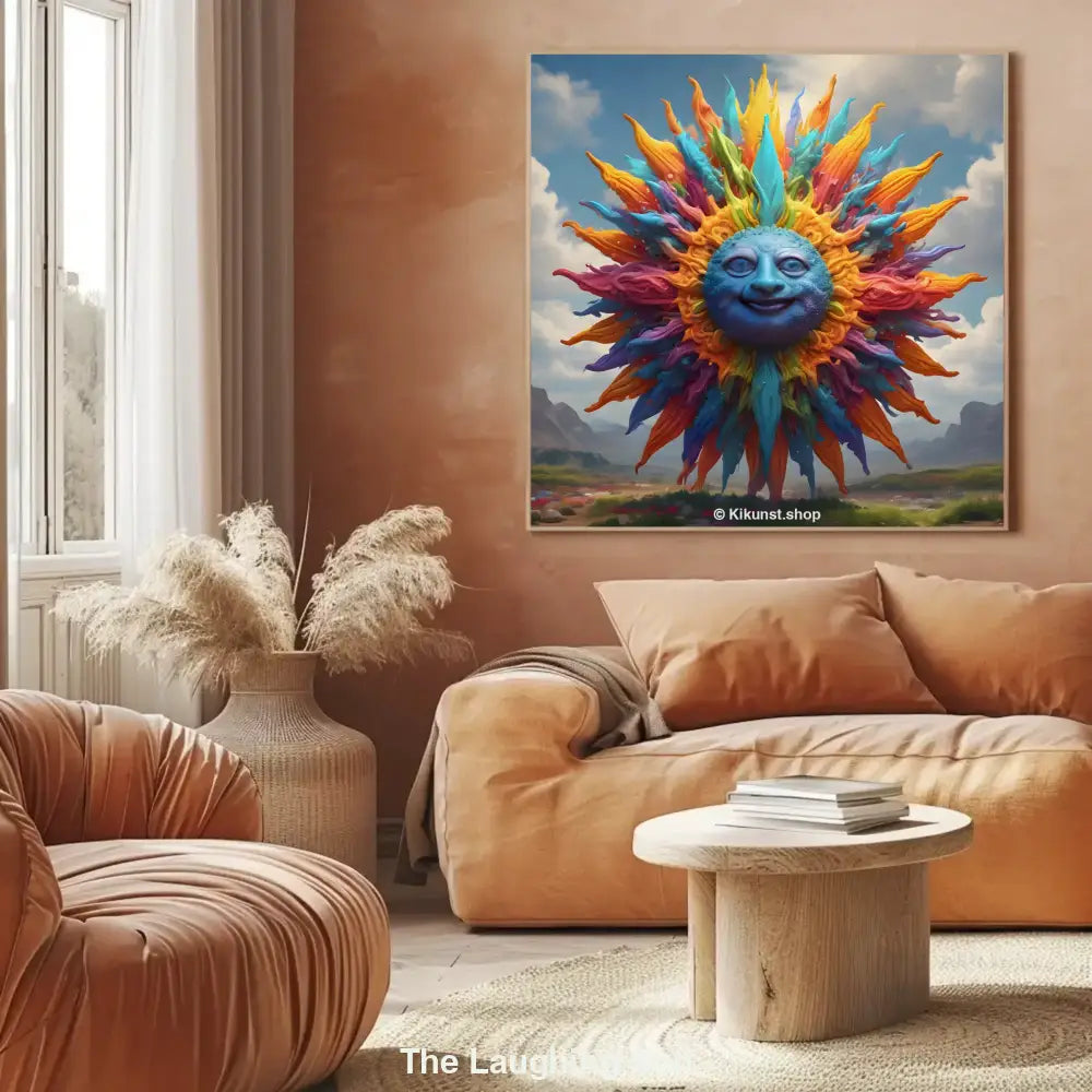 Ein strahlendes, buntes Sonnenwesen mit fröhlichem Gesicht und flammenden Strahlen vor wolkigem Himmel in surrealer Landschaft.