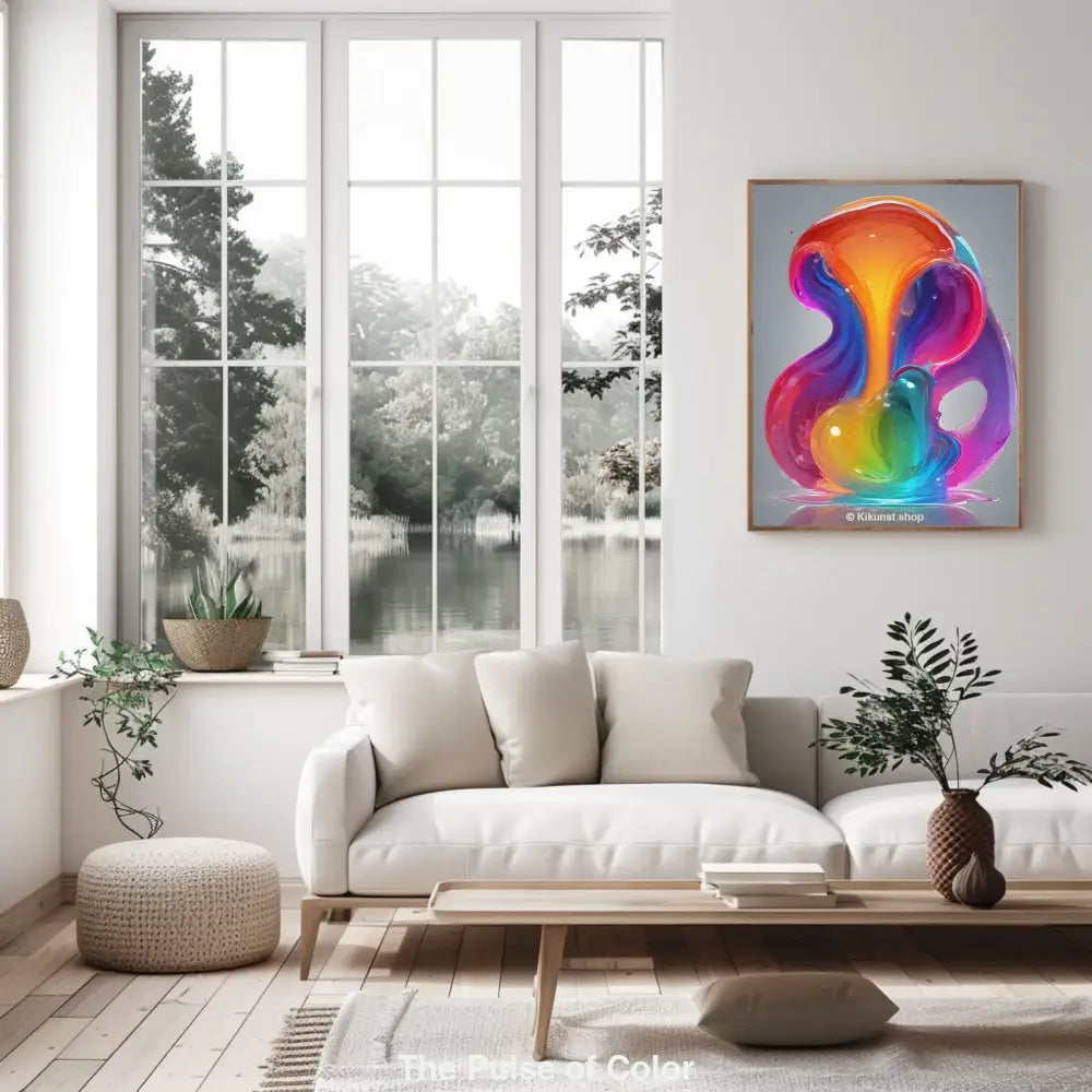 Abstrakte, glänzende Skulptur in leuchtenden Regenbogenfarben auf grauem Hintergrund, die flüssig und lebendig wirkt.