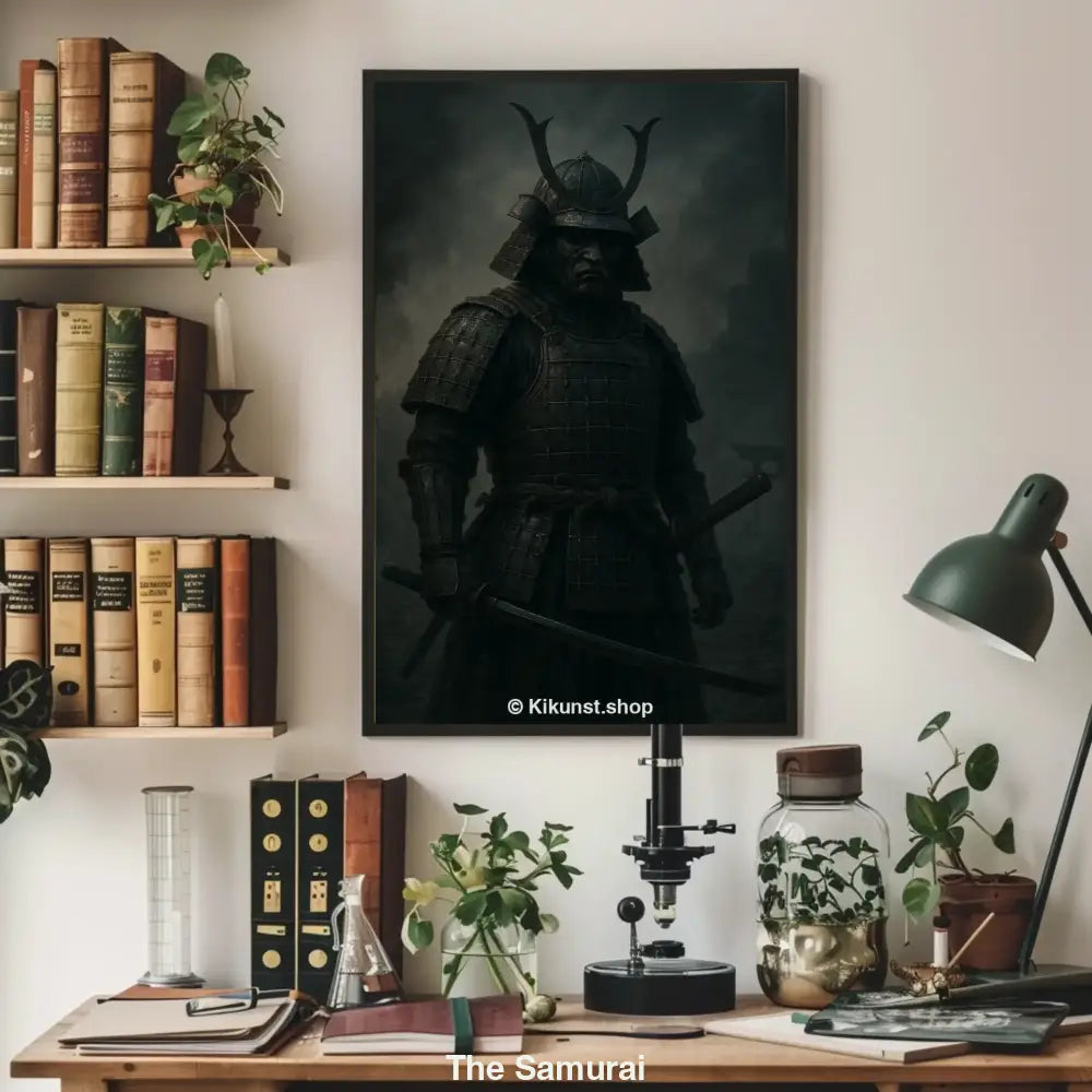 Ein Samurai in dunkler Rüstung steht mit gezogenem Schwert vor rauchiger, brennender Kulisse in düsterem Licht.