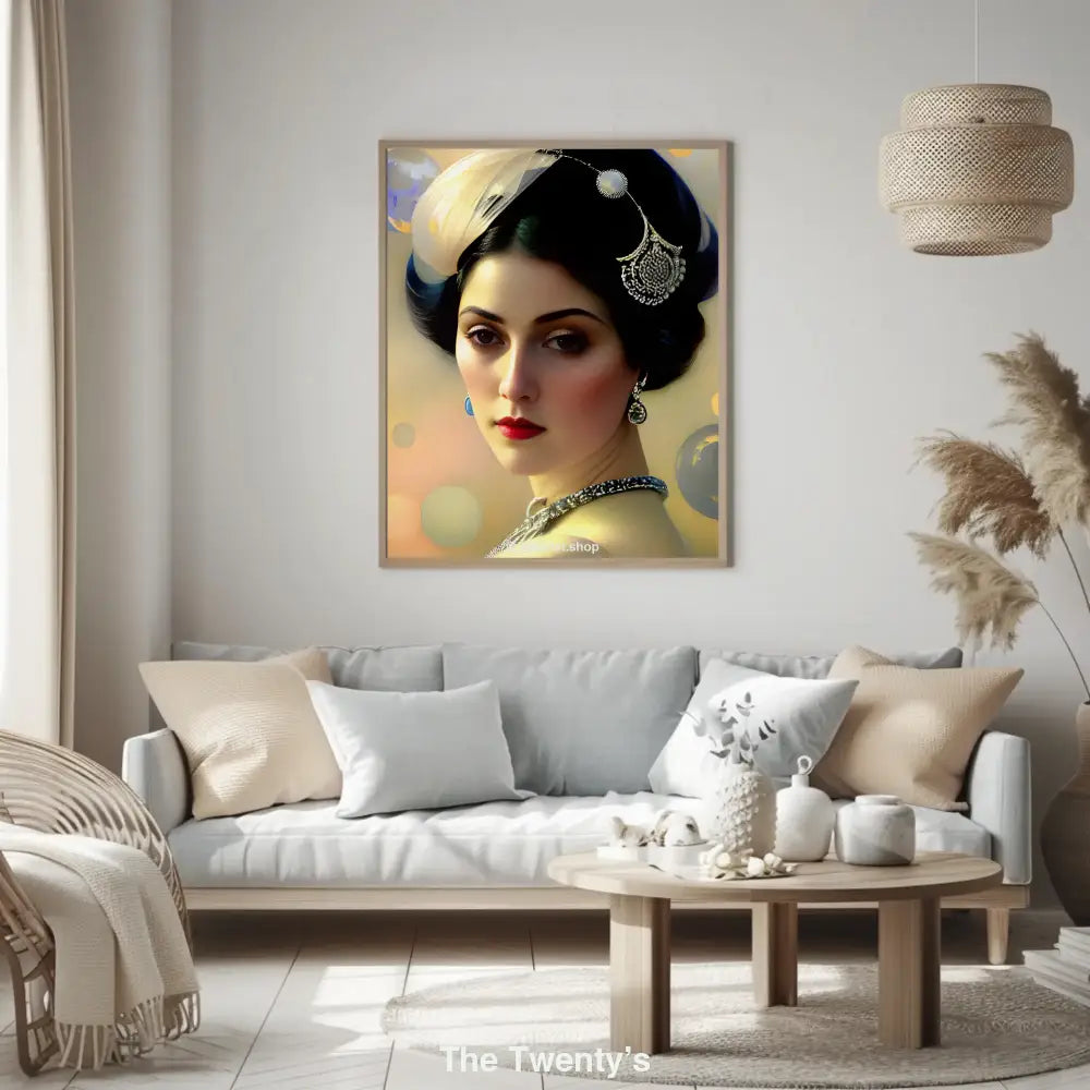 Porträt einer stilvoll geschmückten Frau im Vintage-Look der 1920er Jahre mit Schmuck, Feder und sanftem Licht.