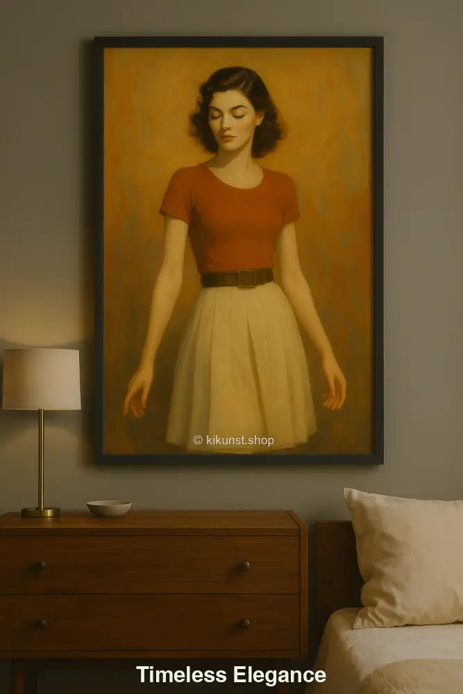 Digitales Porträt einer eleganten Frau im Retro-Stil mit rotem Oberteil vor warmer Kulisse, als gerahmtes Wandbild gezeigt.
