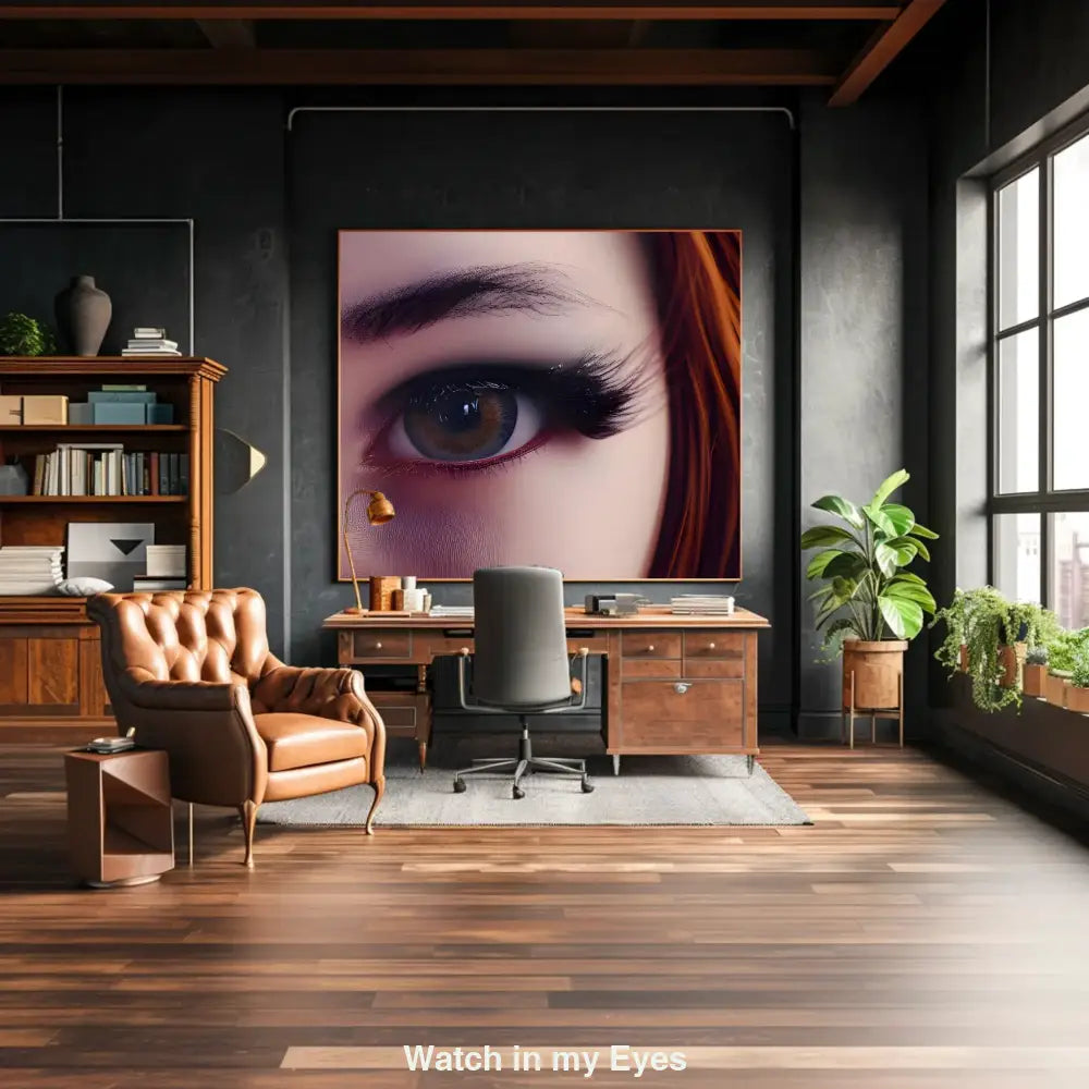 Extreme Nahaufnahme eines geschminkten Auges mit langen Wimpern und rötlichem Lidschatten, detailreich und ausdrucksstark.