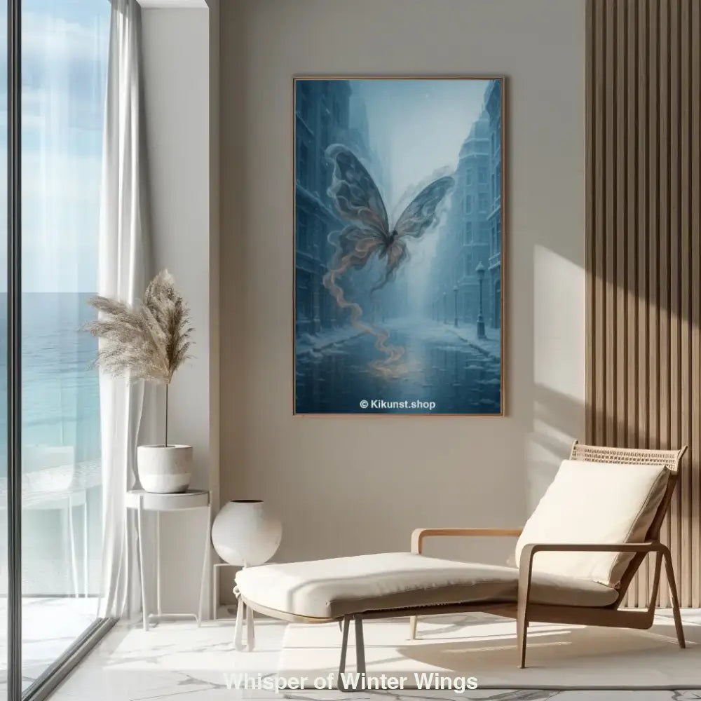 Kunstwerk mit rauchartigem Schmetterling in winterlicher Stadt – mystische Atmosphäre im Mockup-Stil