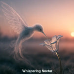 Schwebender Kolibri aus Licht trinkt aus gläserner Blume bei Sonnenaufgang – KI-generiert, ätherisch und fantasievoll