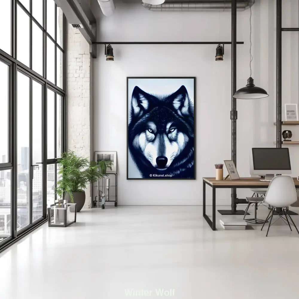 Detailreiches Kunstwerk eines blauen Wolfs mit intensiven Augen – kalte, mystische Winteratmosphäre