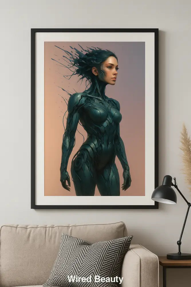 „Digitales Kunstwerk einer futuristischen weiblichen Figur als gerahmter Kunstdruck über einem modernen Sofa.“
