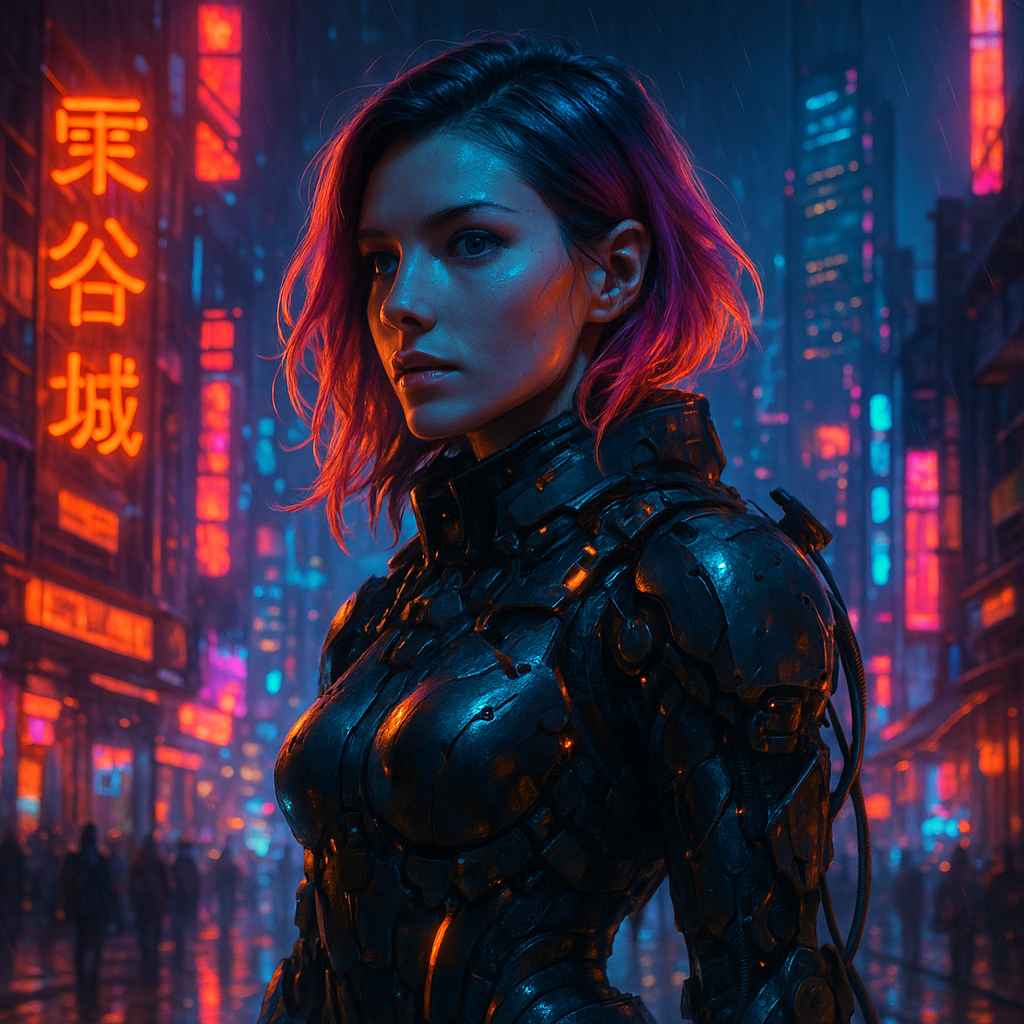Kategorie Cyberpunk: KI-generierte digitale Kunst mit leuchtenden Neonfarben, futuristischen Städten und Sci-Fi-Atmosphäre, sofort als 4K-Download erhältlich