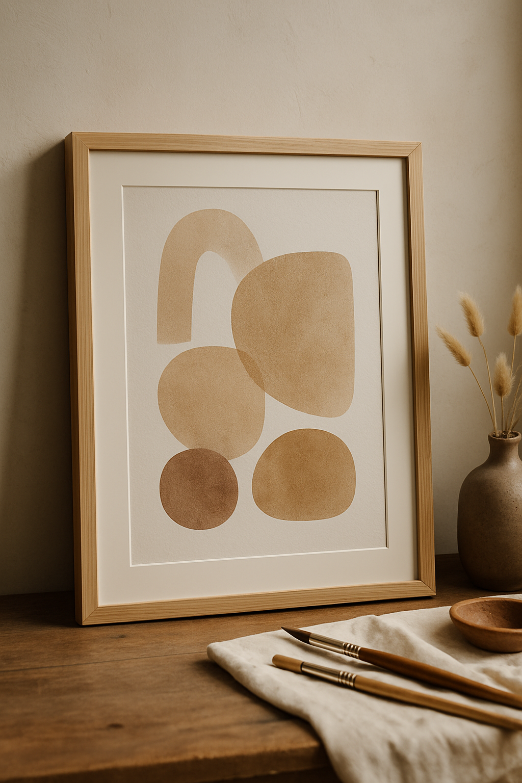 👉 Hochwertiger Fine Art Print im Naturholzrahmen, abstrakte Kunst in warmen Erdtönen, dekoriert in einem modernen Künstler-Studio.