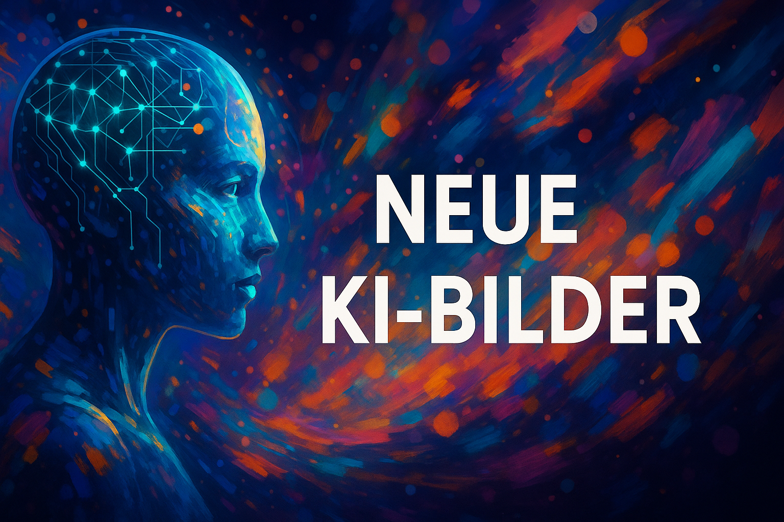 „Digitale Kunst mit futuristischem KI-Gesicht und Text ‚NEUE KI-BILDER‘, bunter Hintergrund mit abstrakten Lichtmustern“