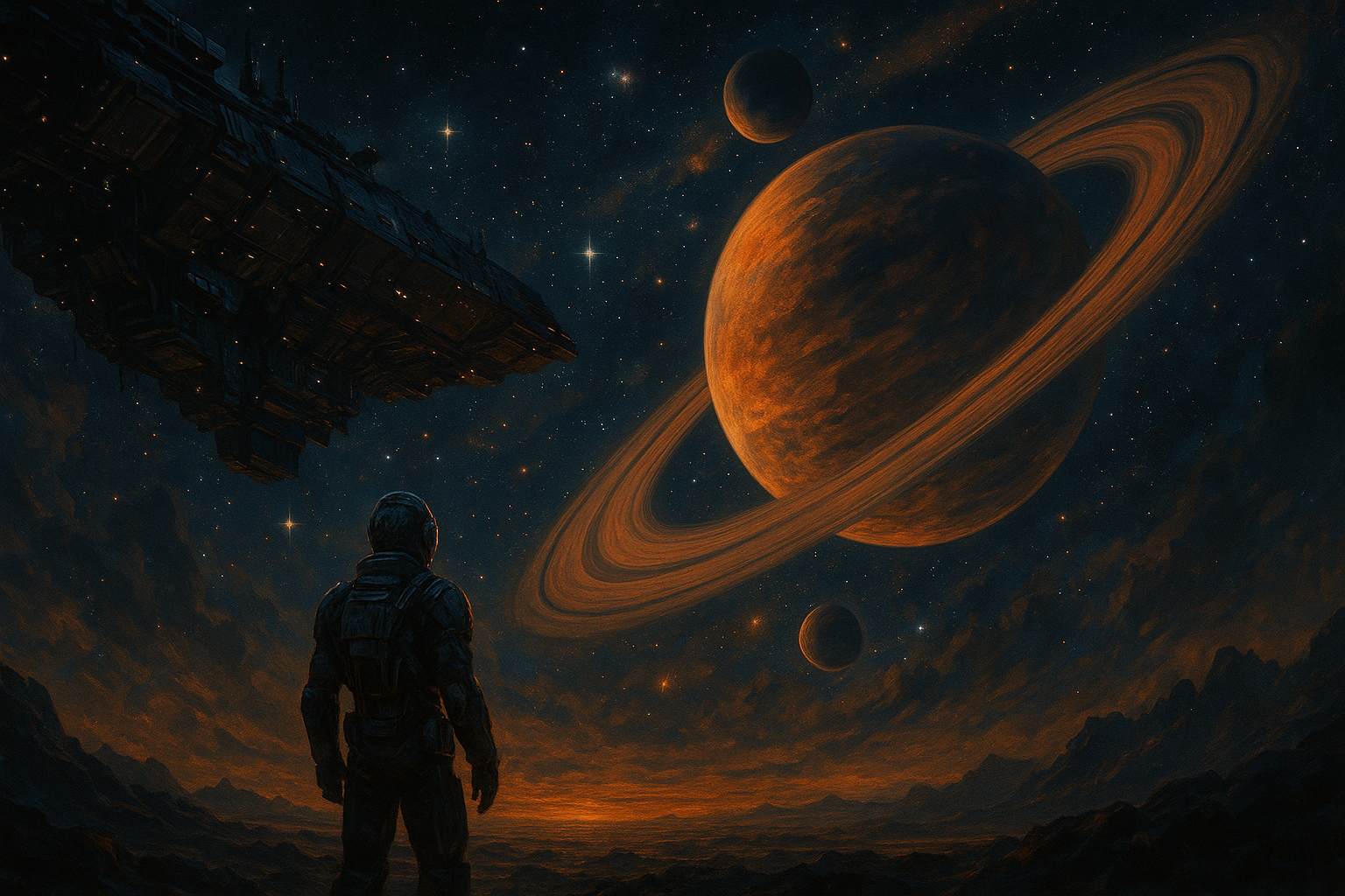 „Science-Fiction-Szene mit Astronaut auf fremdem Planeten, im Hintergrund ein gigantischer Ringplanet und ein Raumschiff im Weltraum“