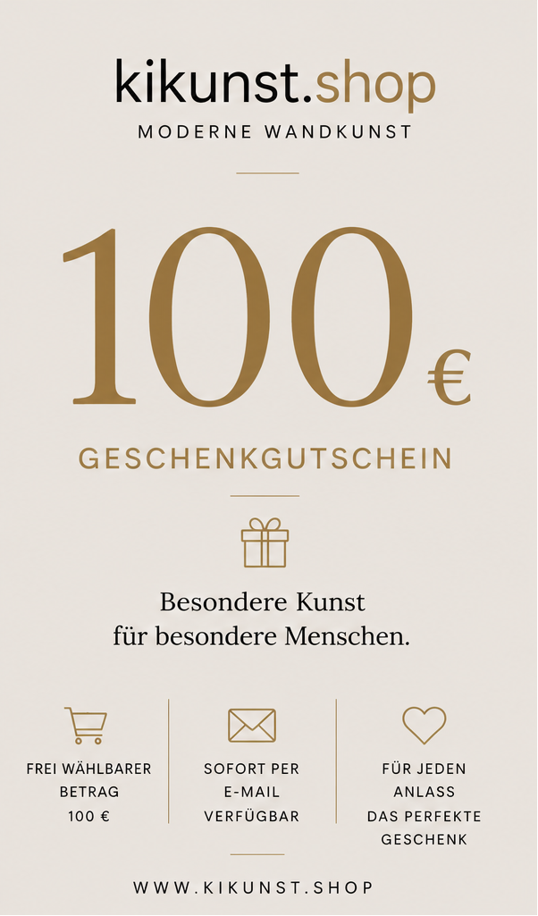 100 € Geschenkgutschein für exklusive Wandkunst von Kikunst.shop mit modernem Premium-Design in Schwarz, Gold und Naturtönen.