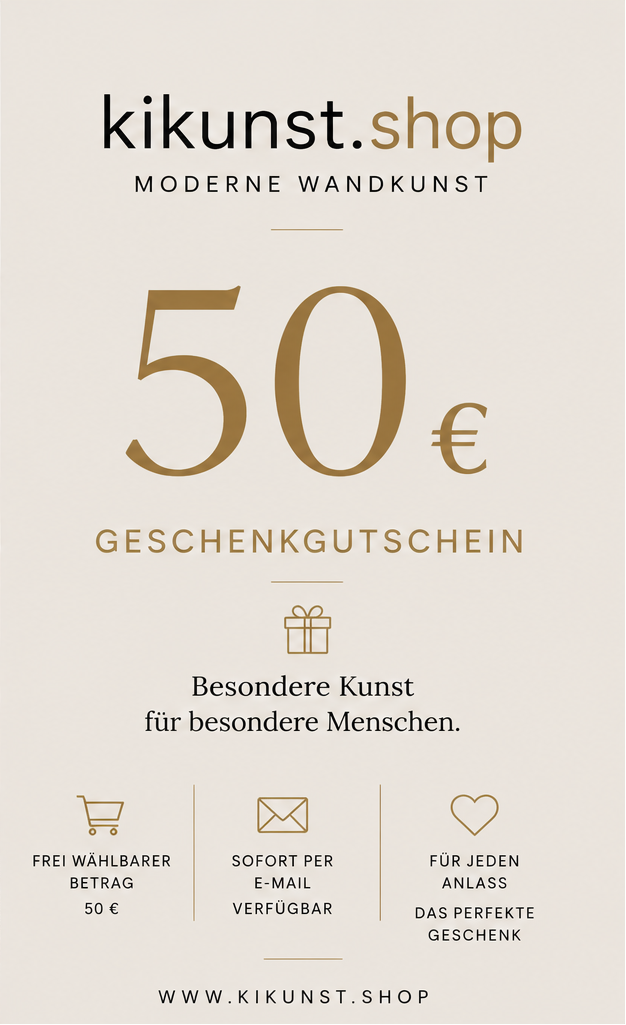 Edler 50 € Geschenkgutschein für moderne Wandkunst von Kikunst.shop in elegantem Design mit Gold- und Marmorelementen.