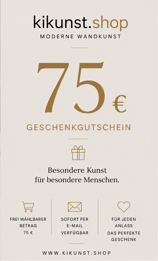 75 € Gutschein von Kikunst.shop für hochwertige Wandkunst – luxuriös gestaltete Geschenkkarte für Kunstliebhaber.