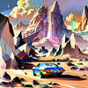 Futuristisches Auto mit metallischem Schimmer fährt durch geometrische Felsen und leuchtende Türme in einer surrealen Wüstenlandschaft.