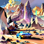 Futuristisches Auto mit metallischem Schimmer fährt durch geometrische Felsen und leuchtende Türme in einer surrealen Wüstenlandschaft.
