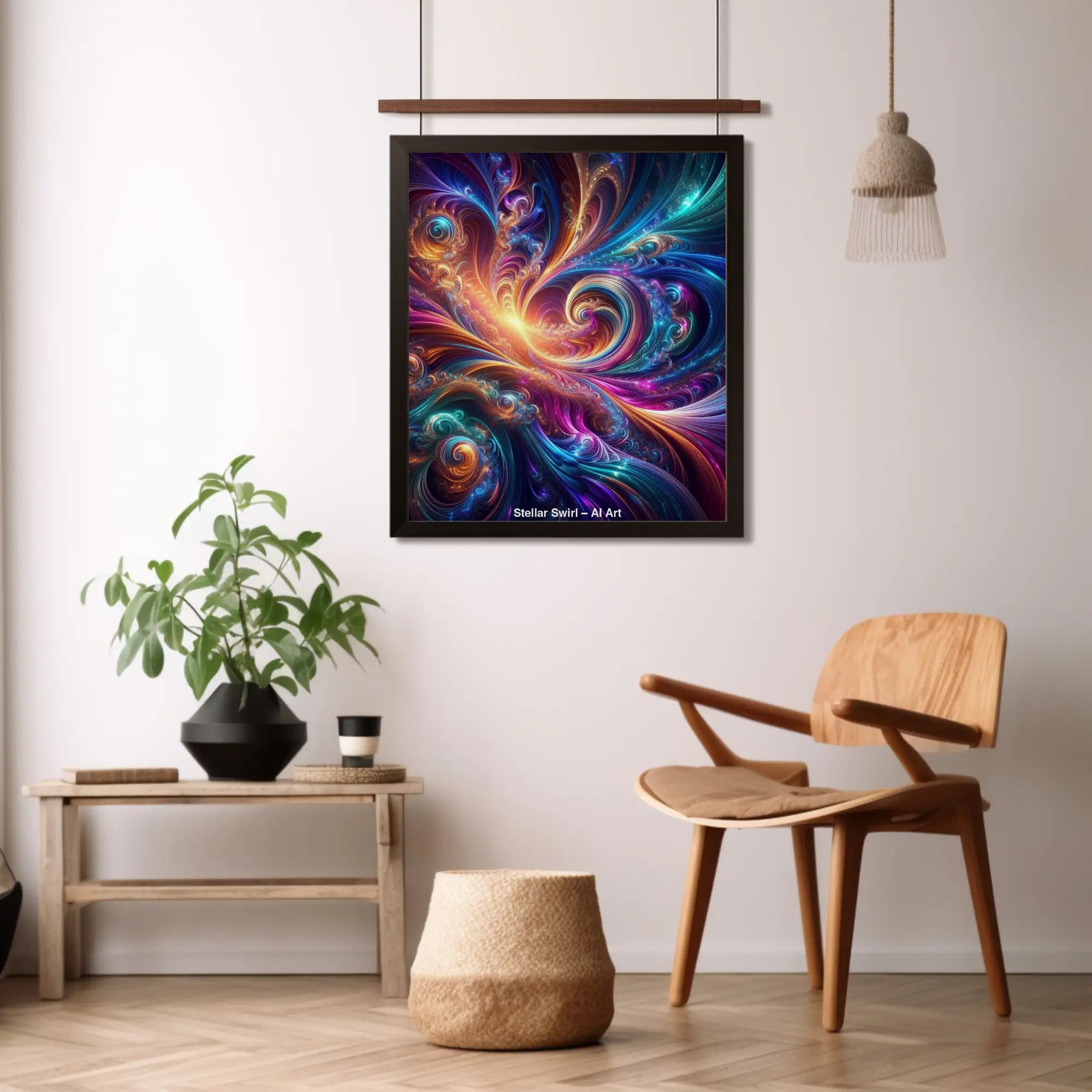 Farbintensives Galaxie Motiv als Fine Art Print über einer Konsole mit moderner Wohnraumgestaltung.
