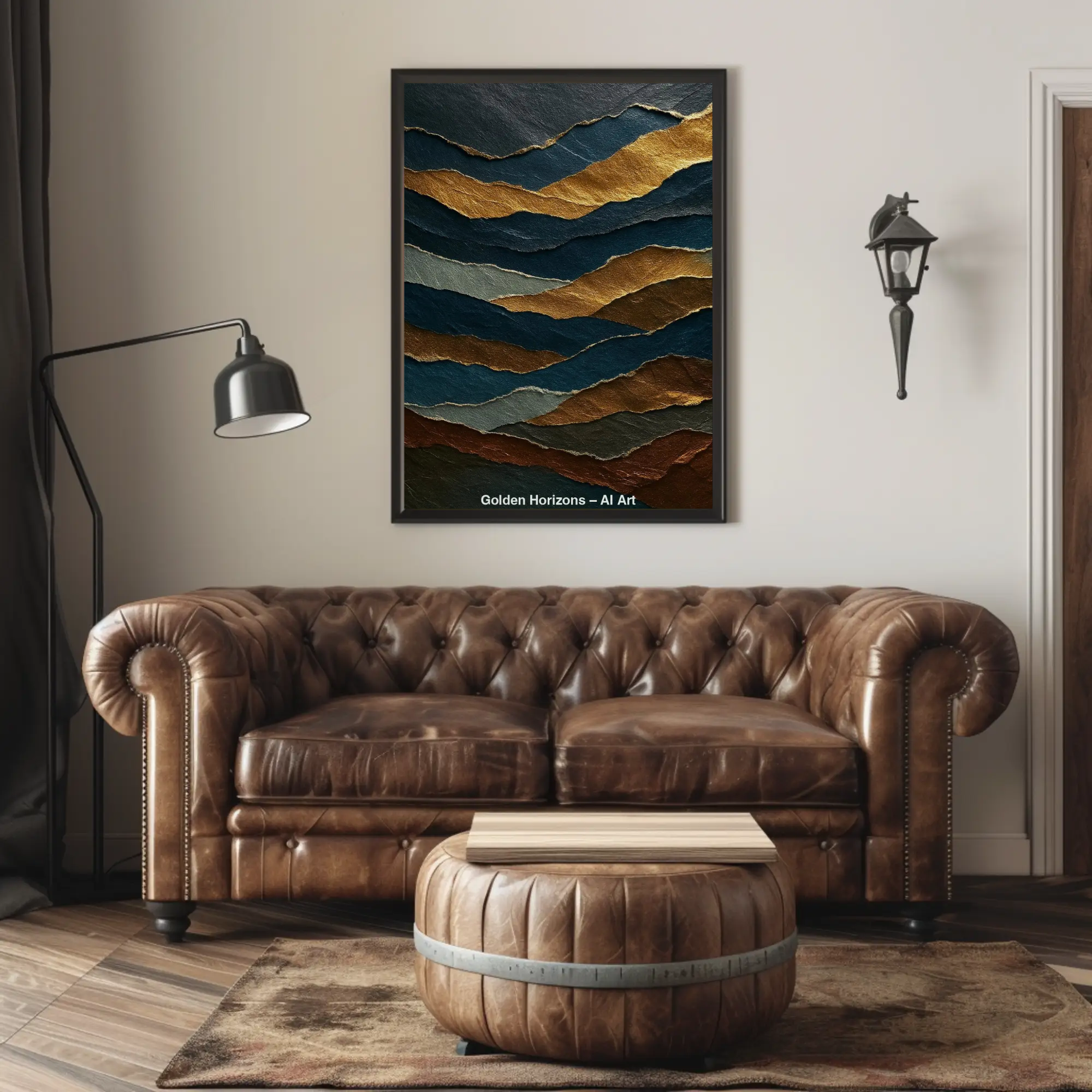 Abstrakte Landschaft mit blauen Wellenformen und goldenen Linien  