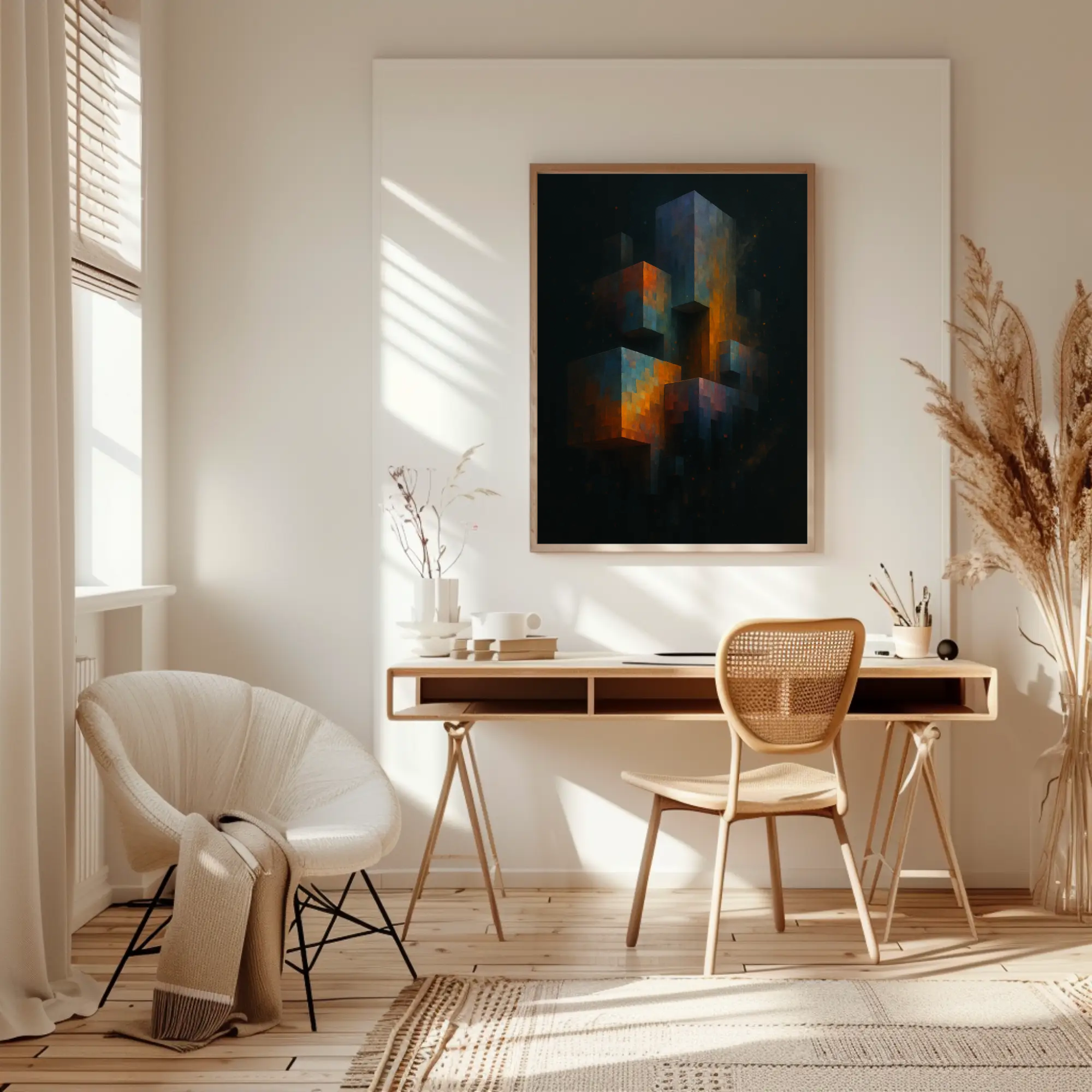 Abstrakter Fine Art Print mit geometrischen Formen und leuchtenden Goldakzenten im Wohnraum