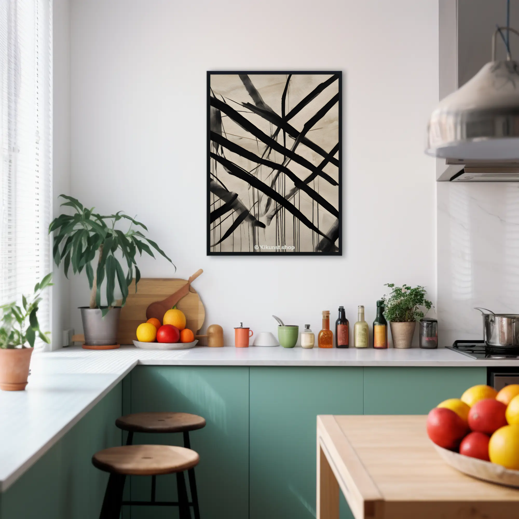 Minimalistisches Linienbild mit dunklen, überlagerten Strukturen auf hellem Hintergrund als modernes Wandbild