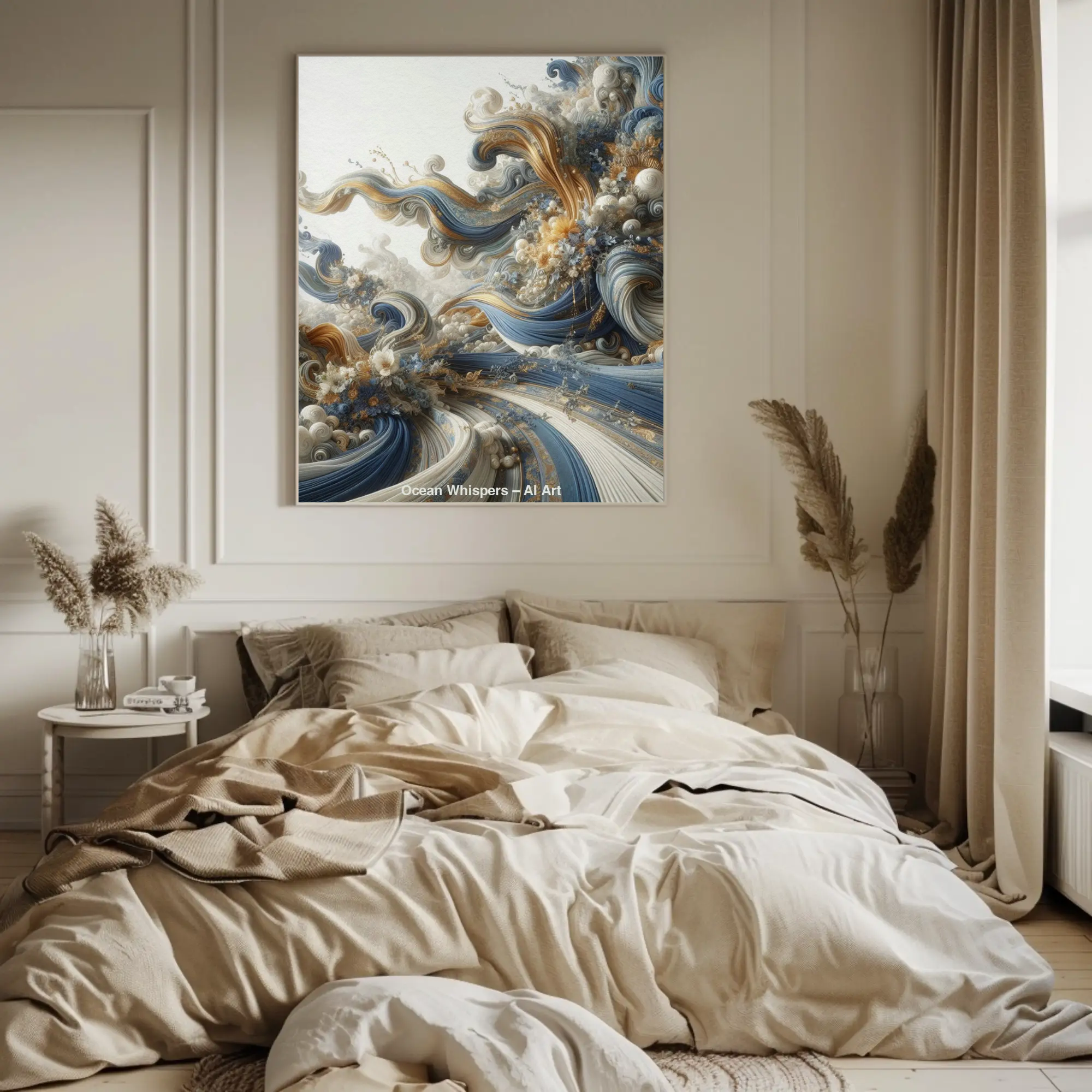 Abstrakter Fine Art Print mit fließenden Wellenformen über modernem Schlafzimmer