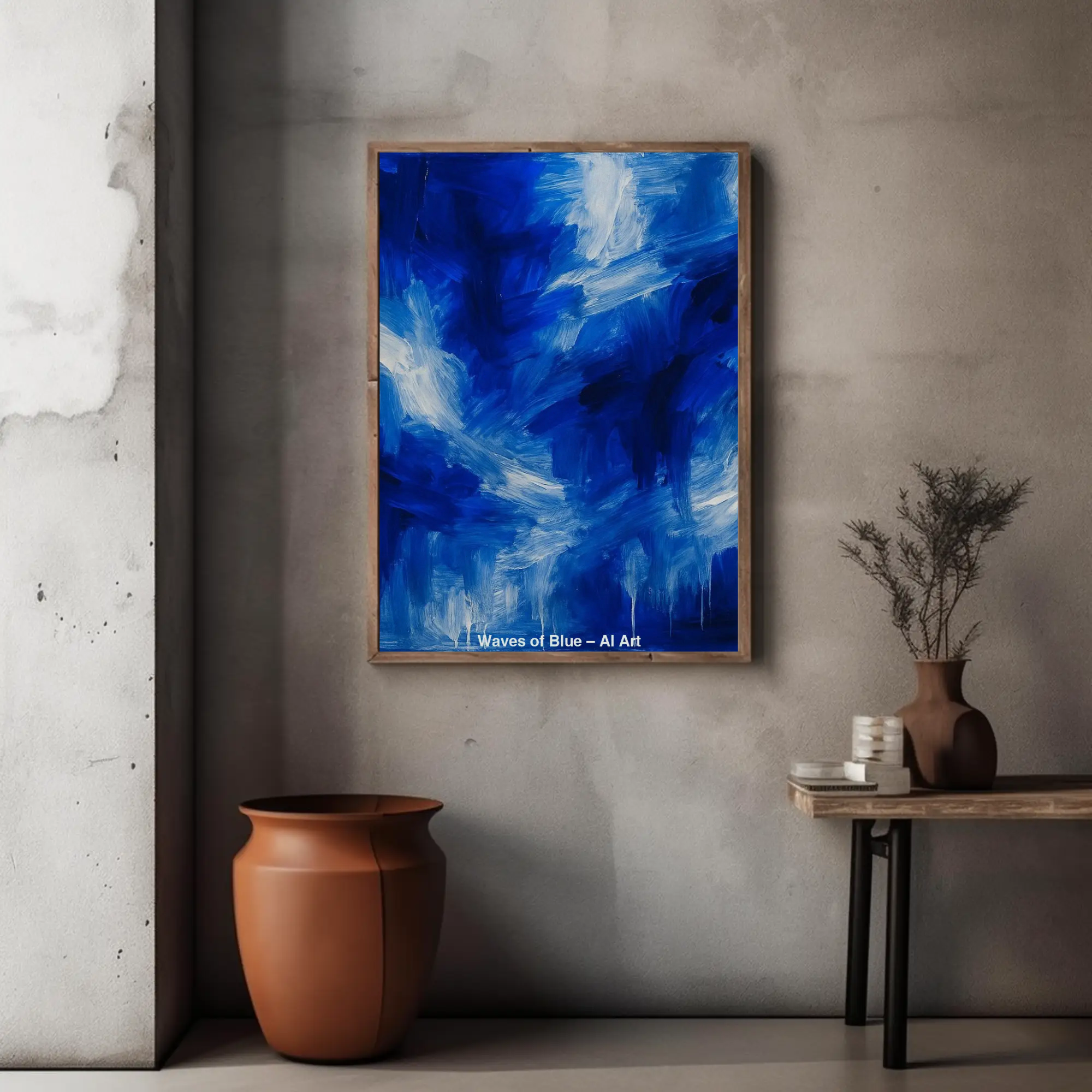 Abstrakter Fine-Art-Print mit dynamischen Blau- und Weißtönen über moderner minimalistischer Inneneinrichtung.