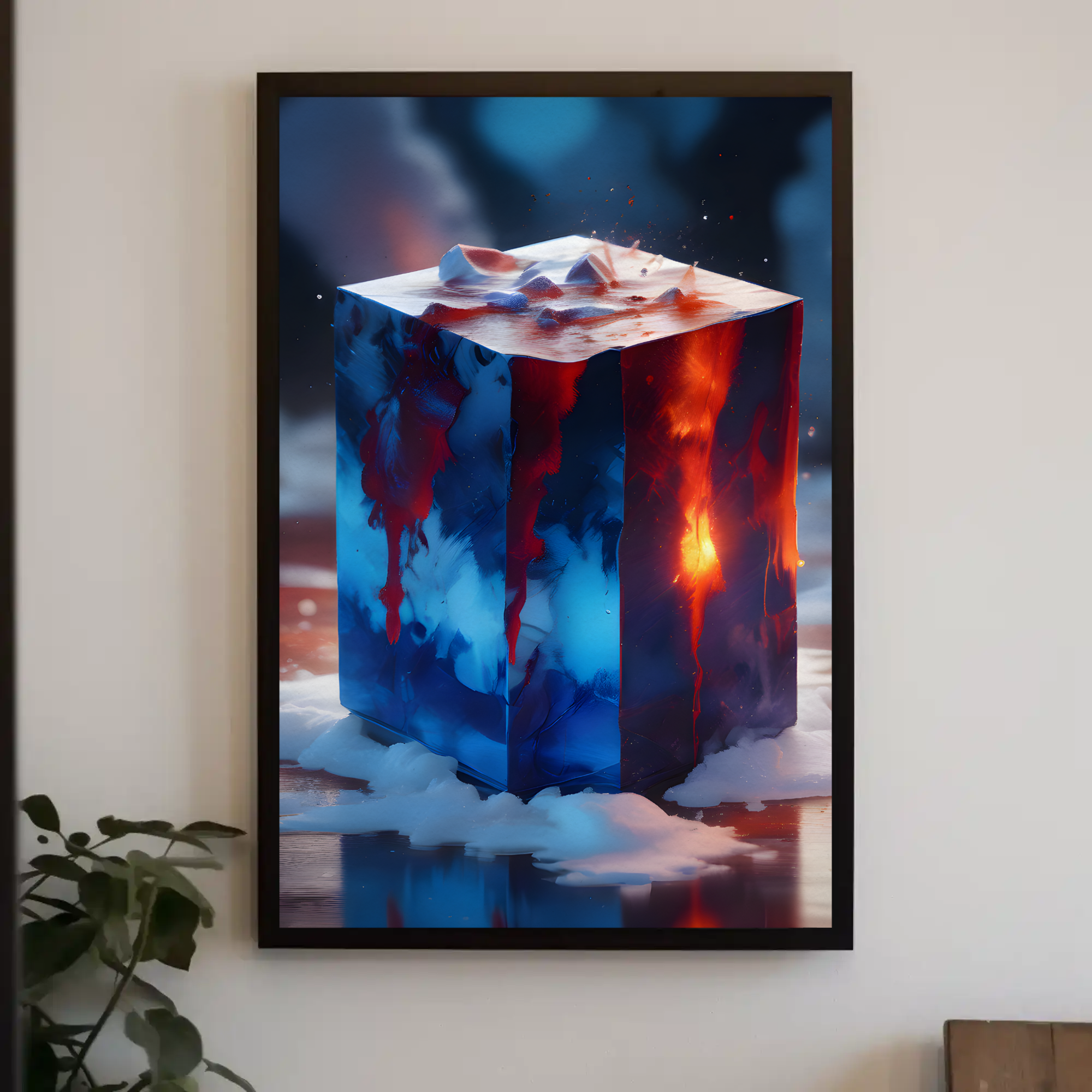 Abstrakter Fine Art Print mit leuchtendem Würfel und intensiven Blau-Rot-Kontrasten im modernen Wohnraum