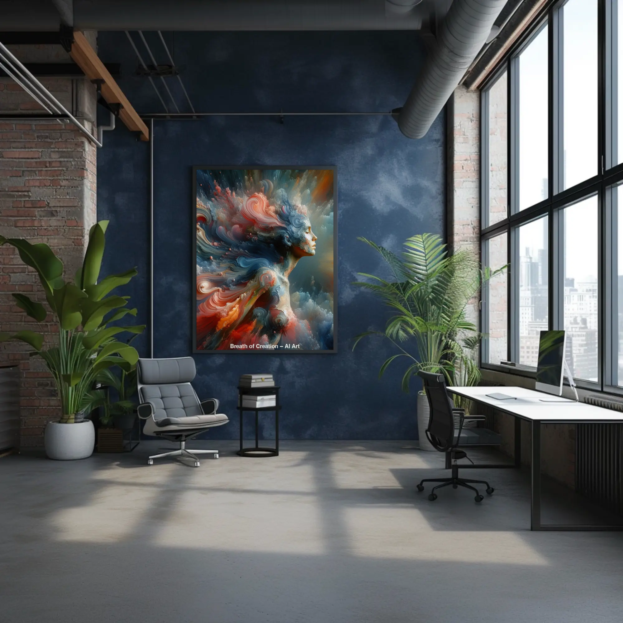 Fine Art Print mit abstrakter Farbexplosion in modernem Raum mit großen Fenstern