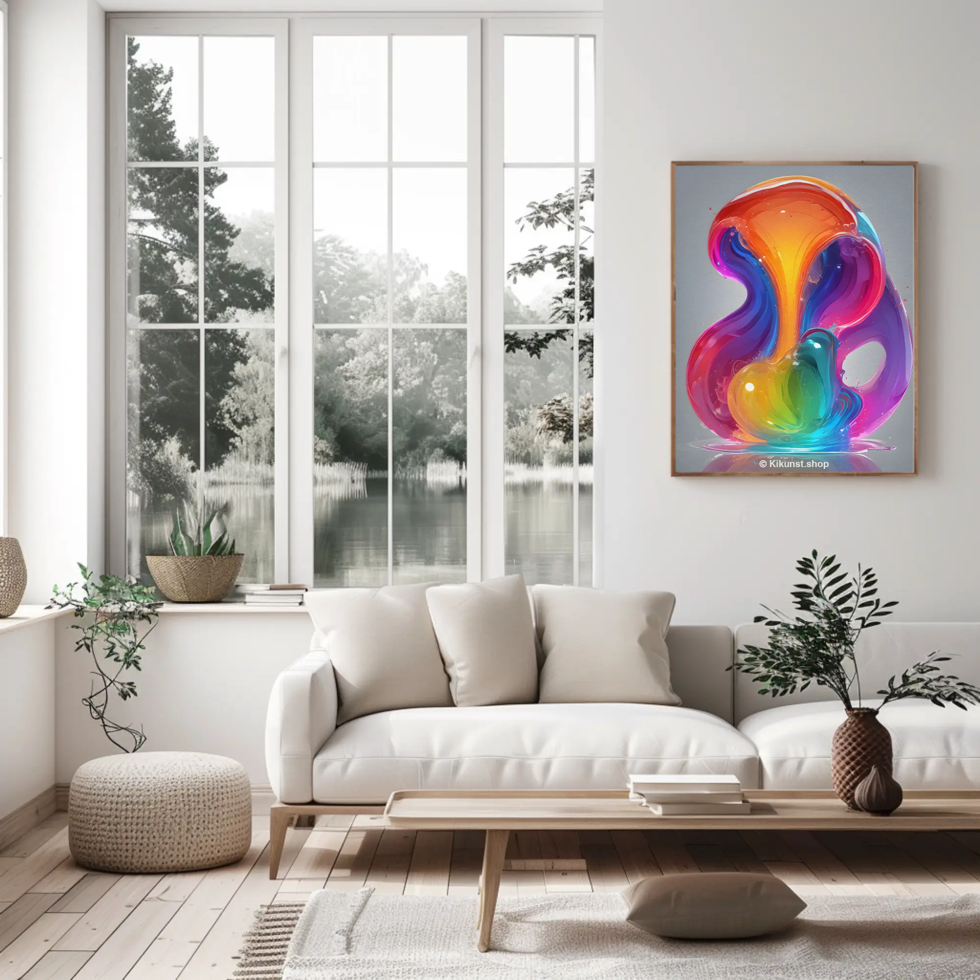 Fine Art Print mit abstrakter Komposition aus leuchtenden Farbverläufen über einer modernen Wohnzimmereinrichtung.