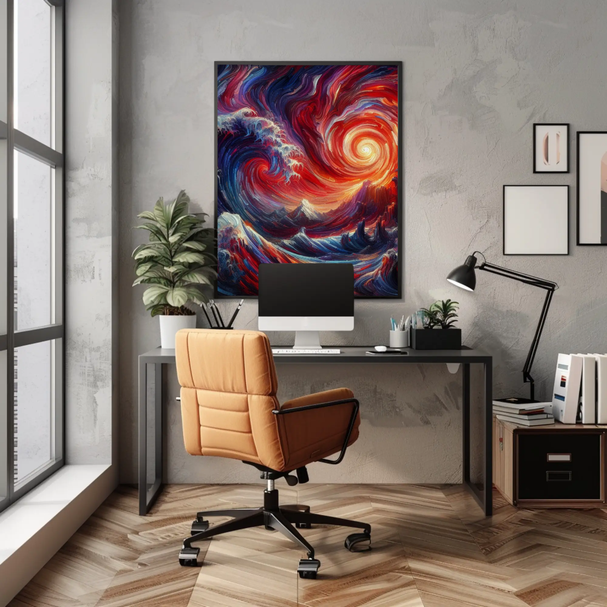 Abstrakter Fine Art Print mit leuchtender Spiralgalaxie über modernem Arbeitsplatz im industriellen Wohnstil.