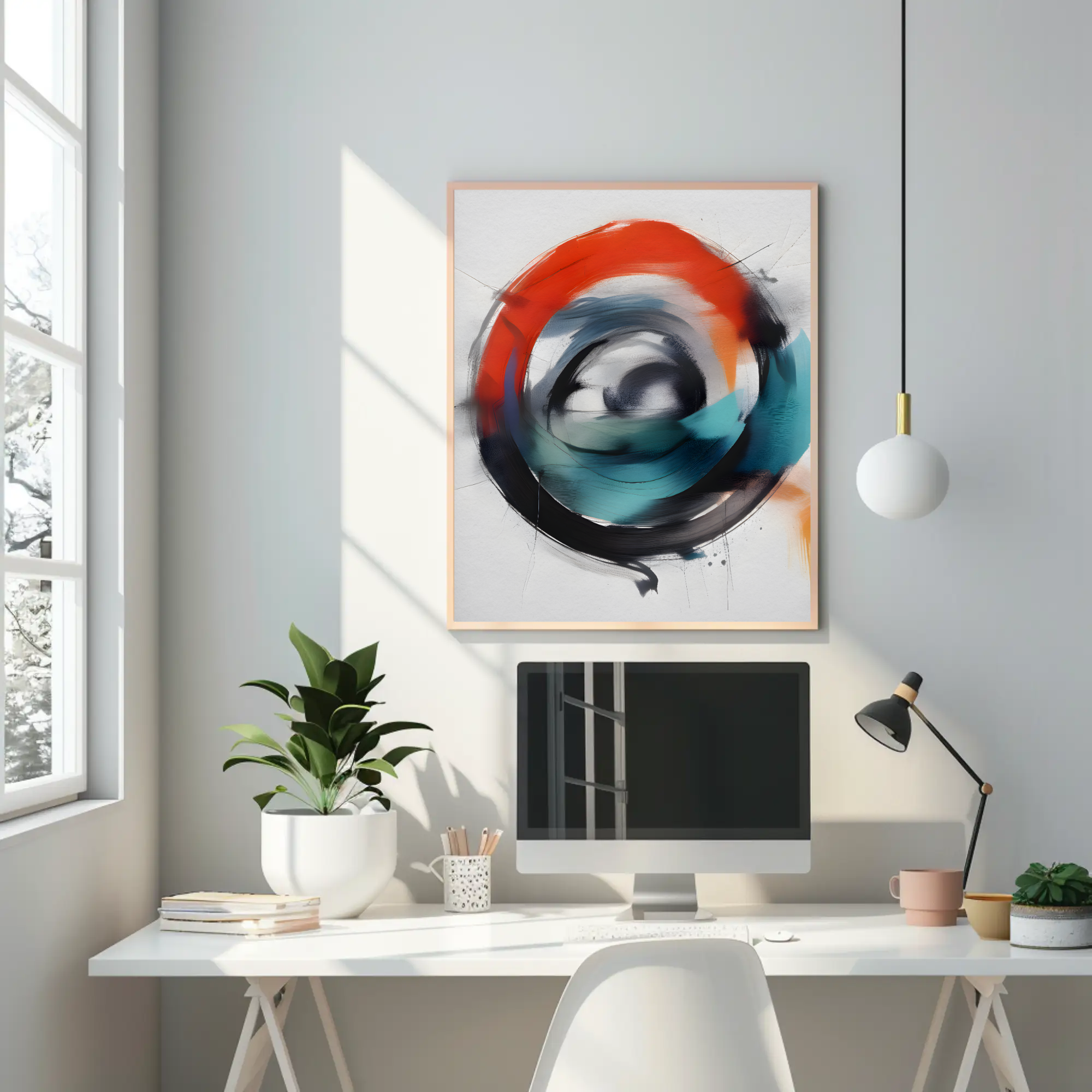 Moderner Fine Art Print mit abstrakter Kreisform in Blau, Rot und Schwarz