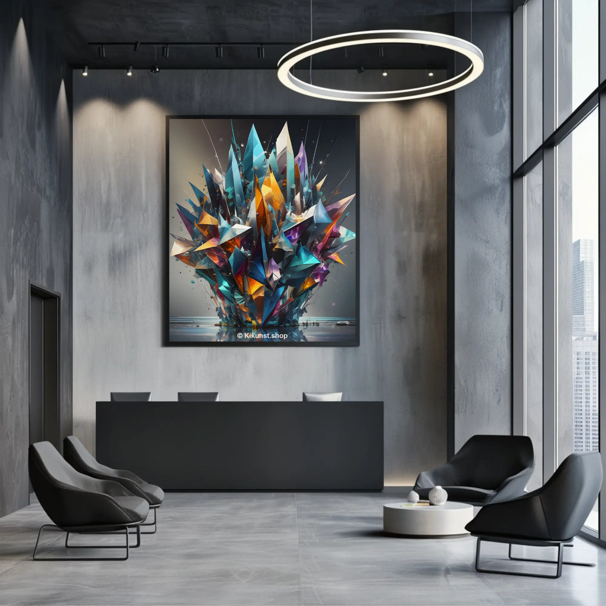 Modernes Kristall Wandbild mit geometrischen Formen und intensiven Farben