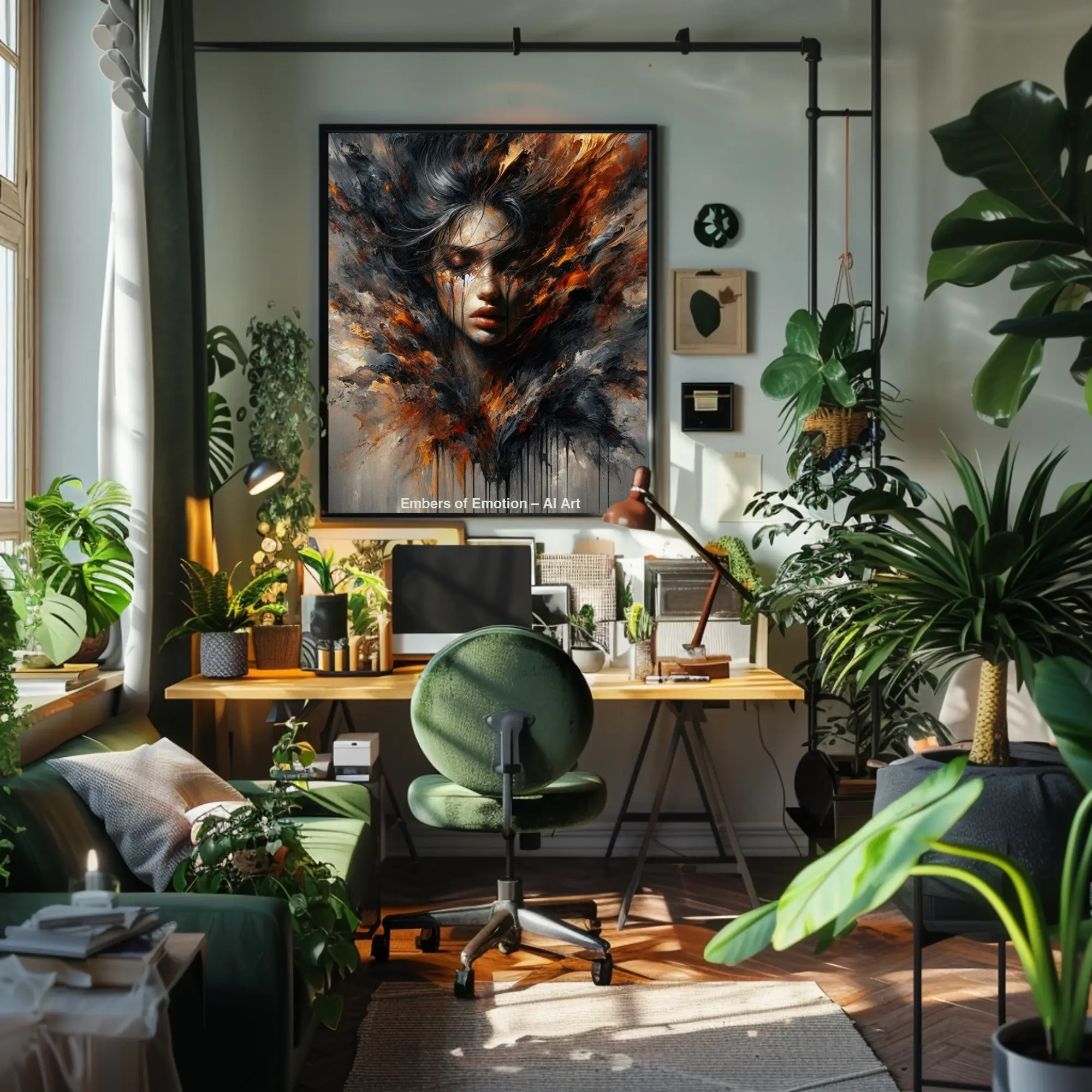 Porträt mit feurigen Elementen und Funken in warmen Farben auf dunklem Hintergrund