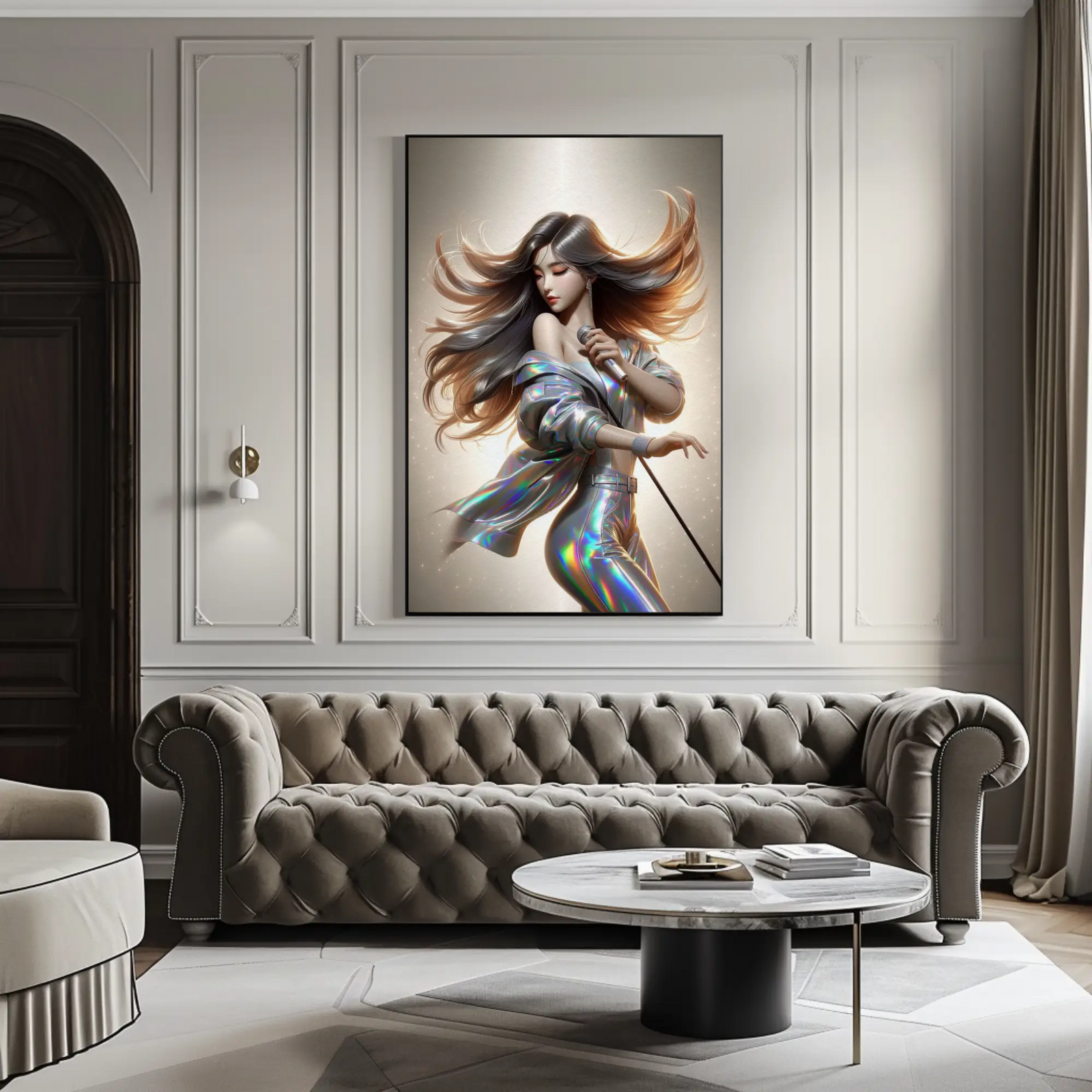 Mockup von Afterlight Diva – AI Art, K-Pop-Sängerin mit Mikrofon und schimmerndem Bühnenoutfit.