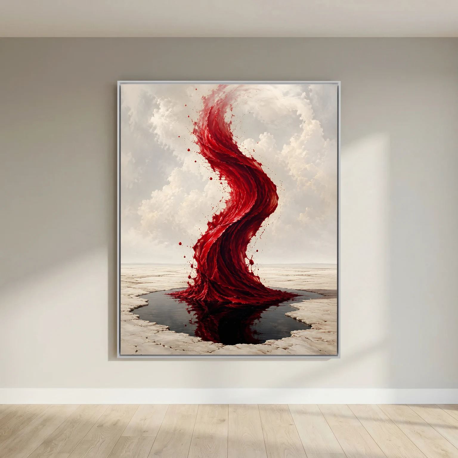 Abstraktes Leinwandbild mit intensiv roter aufsteigender Form und heller Landschaft im weißen Rahmen