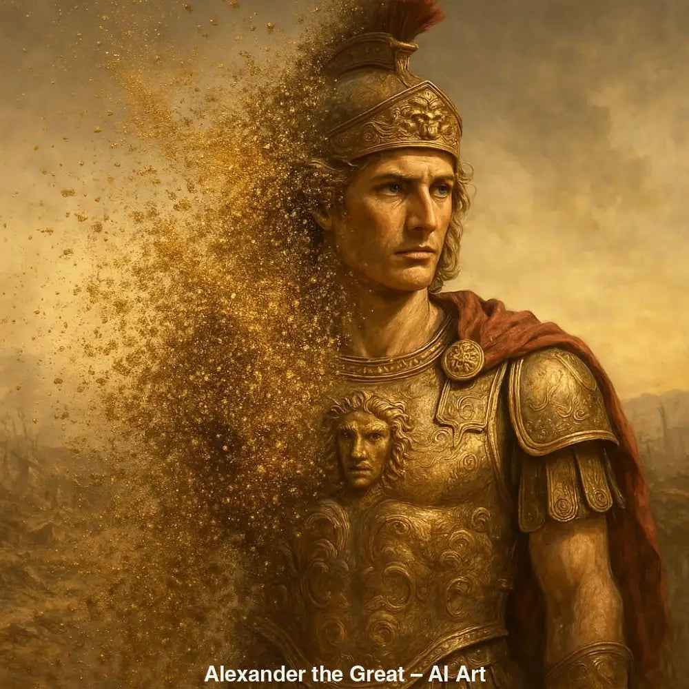 Alexander der Große in goldener Rüstung, rotem Umhang, teils in Staub aufgelöst, AI Art.