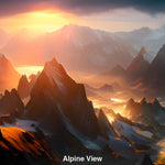 Majestätische Alpen mit schneebedeckten Gipfeln, tiefen Tälern und goldenem Morgenlicht, hyperrealistische KI-Landschaftskunst.