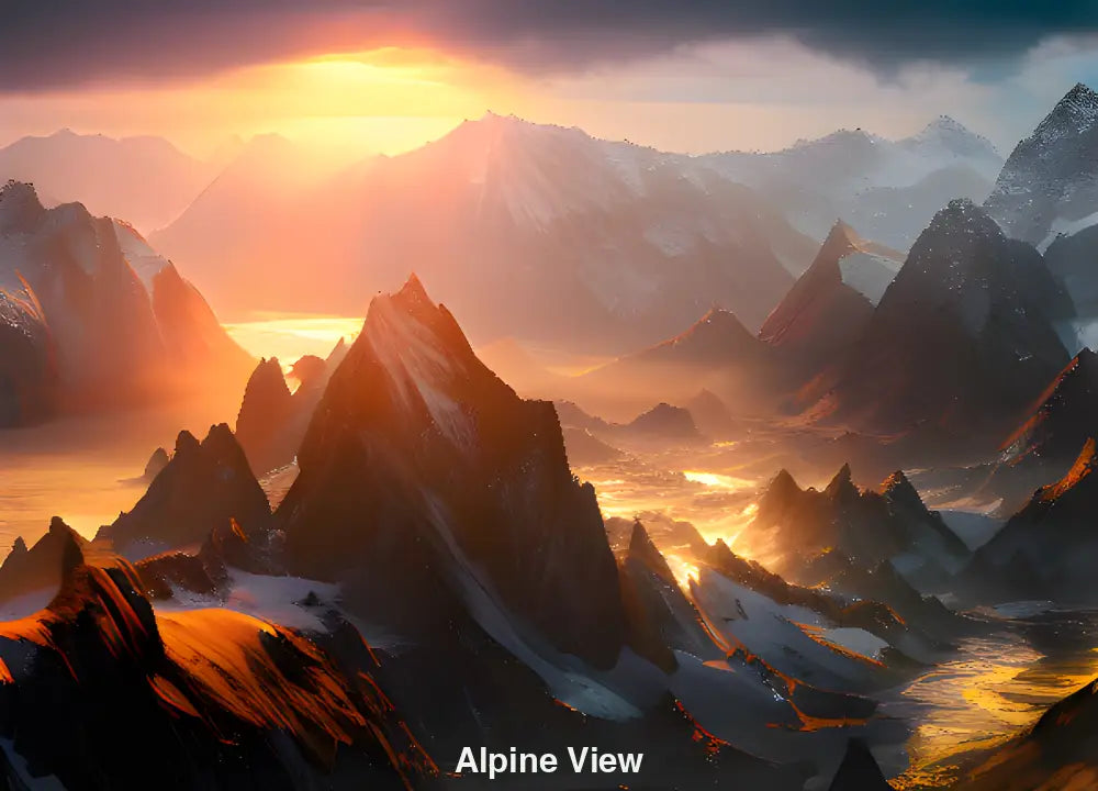 Majestätische Alpen mit schneebedeckten Gipfeln, tiefen Tälern und goldenem Morgenlicht, hyperrealistische KI-Landschaftskunst.