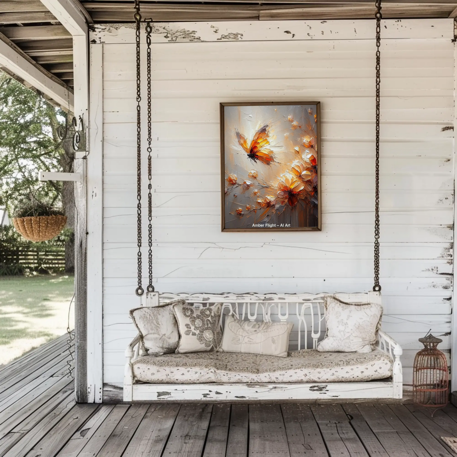 Abstraktes Kunstmotiv mit Blüten und Schmetterling in warmen Goldtönen als Fine Art Print im Wohnraum-Mockup