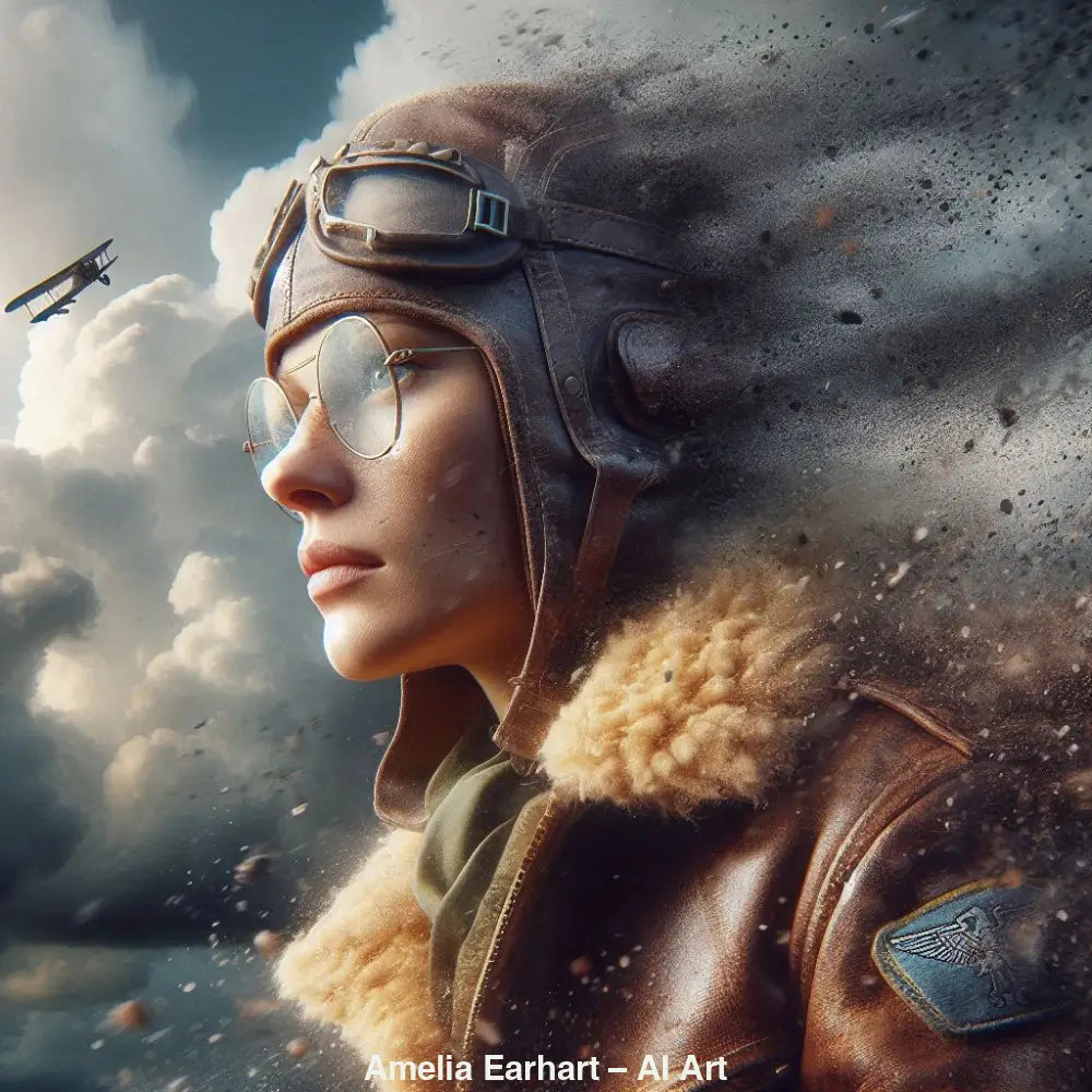 AI Art Porträt von Amelia Earhart in Lederjacke mit Doppeldecker vor dramatischen Wolken.