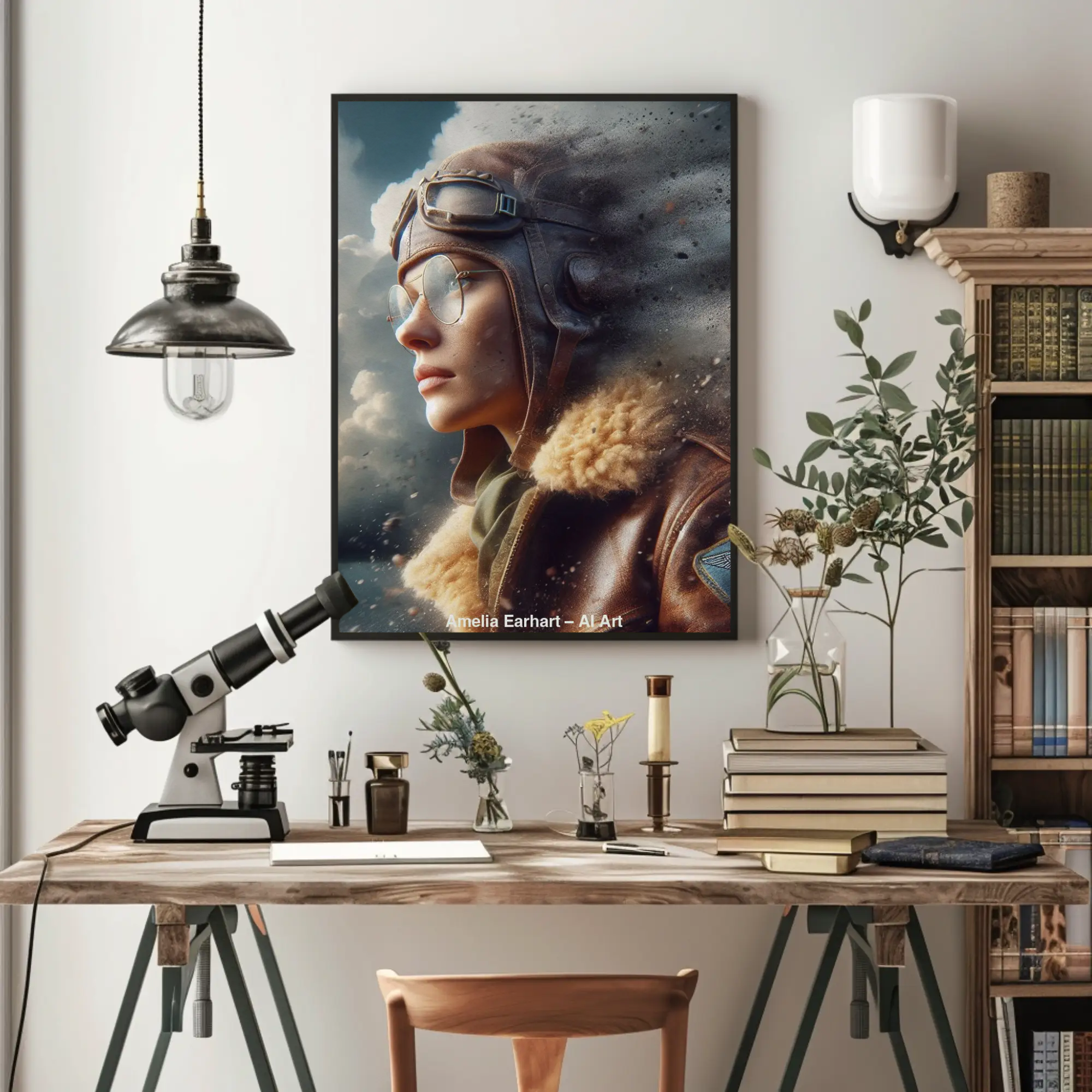 Fine Art Print mit Amelia Earhart Porträt an einer hellen Wand in einem modernen Wohnraum