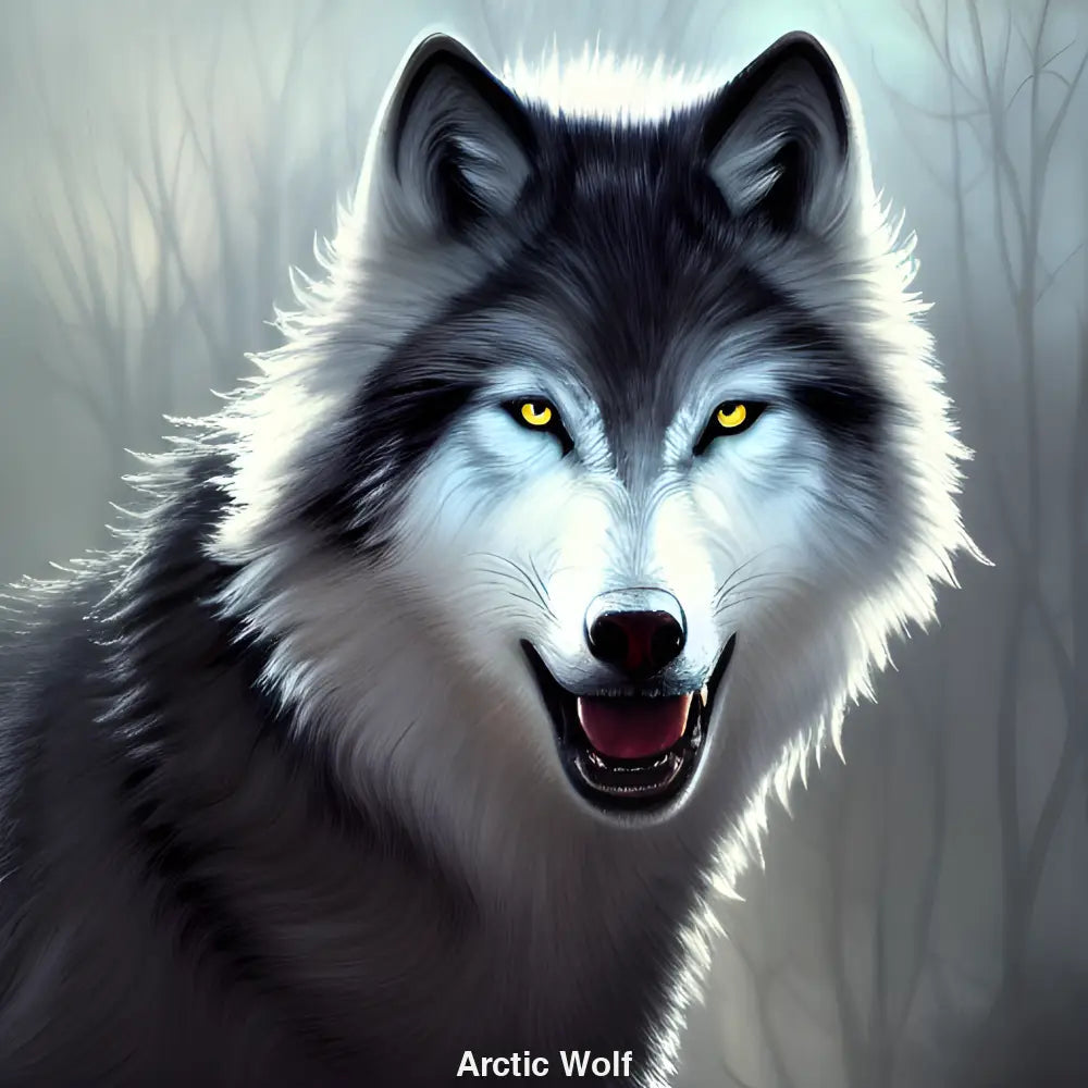 Polarfuchs-Wolf in eisiger Landschaft mit dichtem weißen Fell und durchdringendem Blick – Symbol unberührter Wildnis.