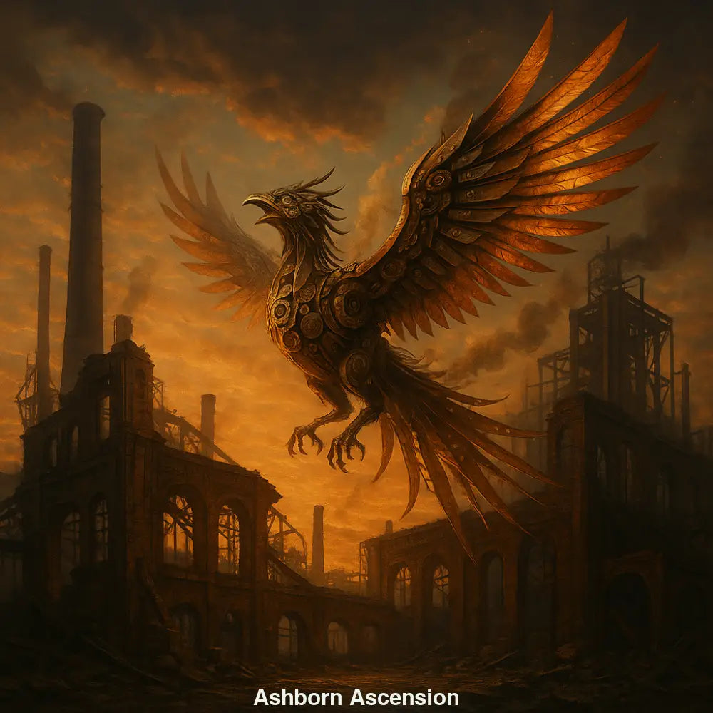 Mechanischer Phönix aus Metall und Flammen in einer postindustriellen Steampunk-Ruine.