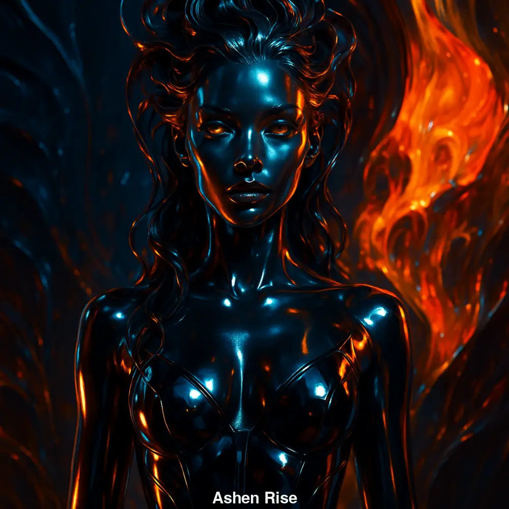 Glänzende Frauengestalt vor Flammenwand mit mystischem Ausdruck und digitalem Feuereffekt