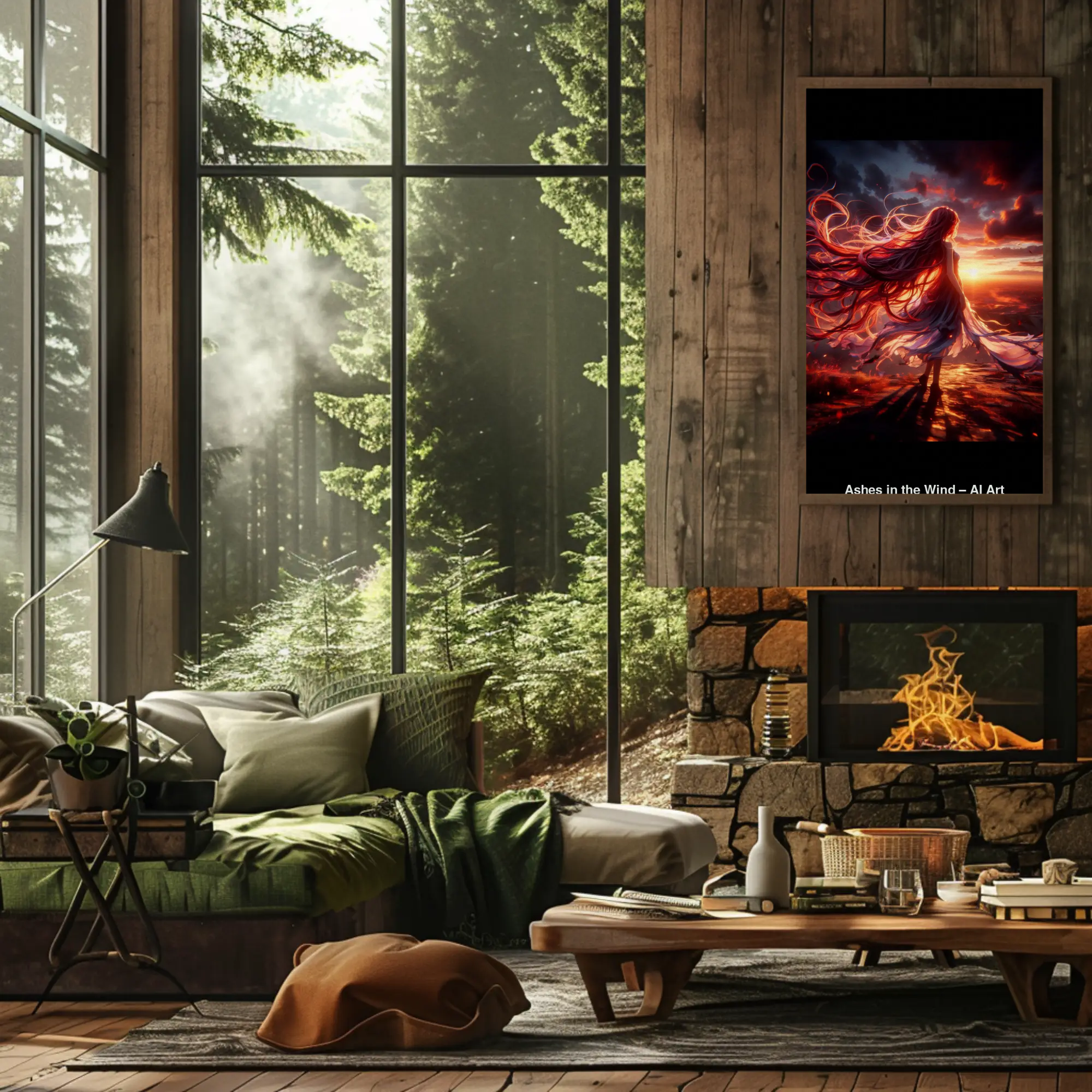 Ashes in the Wind Fine Art Print mit glühender Gestalt aus Feuer und Rauch über moderner Wohnzimmereinrichtung.
