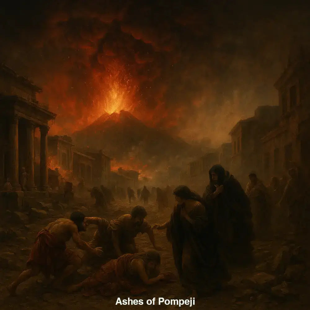 Flucht vor dem Vesuv-Ausbruch in Pompeji – historische Szene als atmosphärisches AI Art Gemälde